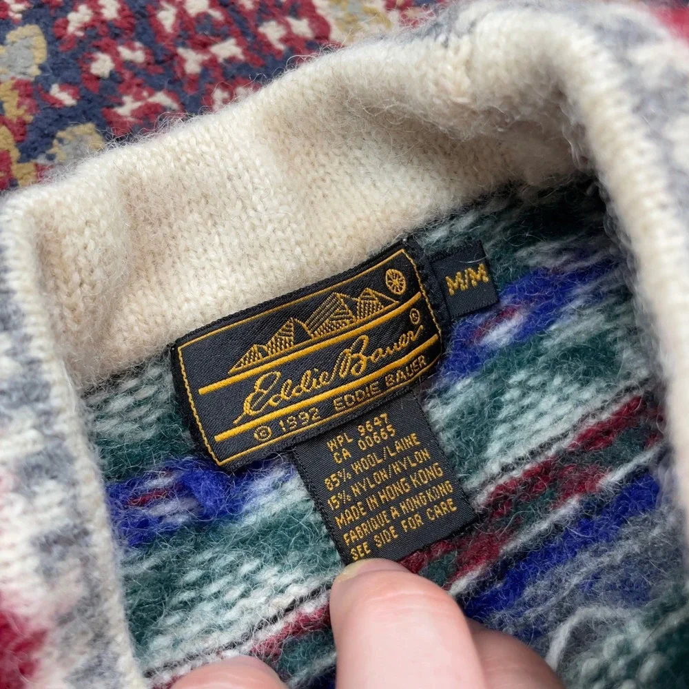 VTG‎ 80s 90s Eddie Bauer Fair Isle Alpine Wool Birdseye Gray Sweater S Felted - Picture 6 of 6
